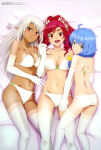 3_girls a_rank_party_o_ridatsu_shita_ore_wa_moto_oshiego-tachi_to_meikyuu_shinbu_o_mezasu absurd_res ass big_breasts blue_hair bra breasts dark_elf elbow_gloves elf elf_female gloves high_res i_left_my_a-rank_party_to_help_my_former_students_reach_the_dungeon_depths looking_at_viewer looking_back magazine_scan marina_(aparida) megami_magazine official_art panties rain_(aparida) red_hair silk_(aparida) white_hair