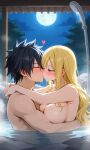 fairy_tail gray_fullbuster hot_springs kissing lucy_heartfilia moonlight night_sky pixai romantic