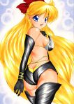 1girl 1girl 2009 alluring ass bishoujo_senshi_sailor_moon blonde_hair blue_eyes bow censored clothing female_only green_eyes hair_ribbon human latex long_hair looking_at_viewer looking_back minako_aino sailor_venus sideboob small_breasts yadokari_genpachirou