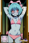 1girl 1girl 1girl ai_generated armpits arms_behind_head arms_up artist_name bandages bikini black_thighhighs blue_hair blue_skin blush bow breasts clothing colored_skin cowboy_shot door grey_skin hair_bow hair_ornament indoors littlehentai lolicon looking_at_viewer navel open_mouth patchwork_skin pink_bikini pink_bow pink_eyes red_eyes ribbon savitar savitar_(artist) sharp_teeth short_hair side-tie_bikini_bottom small_breasts standing stitches stockings swimsuit teeth watermark web_address zombie