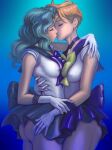 1girl 2_girls alluring ass big_breasts bishoujo_senshi_sailor_moon blonde_hair closed_eyes clothing earrings erect_nipples erect_nipples_under_clothes female_only gloves green_hair haruka_tenou high_res kissing long_hair michiru_kaiou nipple_bulge romantic romantic_couple sailor_neptune sailor_uniform sailor_uranus short_hair short_skirt skirt small_breasts yuri zilvan