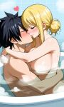 ai_generated bathtub black_hair blonde_hair blushing_at_partner breasts bun fairy_tail gray_fullbuster hair_tied_up kissing lucy_heartfilia pixai romantic_couple steam water wholesome