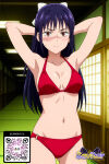 1girl 1girl 1girl ai_generated armpits arms_behind_head arms_up bangs big_breasts bikini black_hair blue_hair blush bow breasts brown_eyes character_name cleavage closed_mouth clothing copyright_name cowboy_shot hair_bow hair_ornament hair_ribbon indoors littlehentai long_hair looking_at_viewer medium_breasts navel o-ring ponytail purple_hair red_bikini red_swimsuit ribbon savitar savitar_(artist) scar scar_on_face standing sweat sweatdrop swimsuit tied_hair