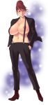 1girl areola_slip areolae bad_id breasts earrings female hands_in_pockets highres huge_breasts jewelry long_image milf navel nipples no_bra open_clothes open_shirt original red_hair shirt short_hair solo suspenders takasugi_kou tall_image