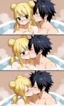 ai_generated bathtub black_hair blonde_hair breasts bun fairy_tail gray_fullbuster hair_tied_up lucy_heartfilia pixai steam wholesome