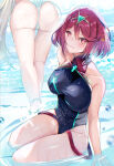 2_girls alluring ass bare_arms bare_shoulders big_breasts blonde_hair blush closed_mouth collarbone core_crystal inoue_takuya long_hair looking_at_viewer multiple_girls mythra) pyra red_eyes red_hair short_hair sitting smile solo_focus swimsuit thighs water wet xenoblade_(series) xenoblade_chronicles_2