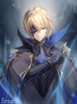 1boy black_gloves blonde_hair blonde_male blue_eyes cape clenched_hand closed_mouth dainsleif_(genshin_impact) eyebrows_visible_through_hair eyes_visible_through_hair fuyuni0307 genshin_impact gloves hair_between_eyes half-closed_eyes hand_up looking_at_viewer male_only male_solo short_hair smile