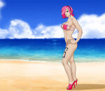 1girl anaxus bare_arms bare_legs bare_shoulders beach big_breasts bikini black_hairband blue_eyes breasts cleavage closed_mouth cloud day female_only female_solo footwear full_body hair_ornament hair_over_one_eye hairband hand_on_hip head_tilt high_heels highleg highleg_bikini highleg_swimsuit legs lips looking_at_viewer medium_breasts midriff neck ocean one_piece outside pink_bikini pink_footwear pink_hair pink_high_heels pink_swimsuit sand serious shadow short_hair sky standing strapless strapless_bikini strapless_swimsuit swimsuit tattoo thick_thighs thigh_tattoo thighs vinsmoke_reiju water