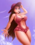 1girl alluring alternate_version_available arm_up big_breasts bikini blue_eyes breast_grab brown_eyebrows brown_hair cleavage clothing female_only hand_on_hat legs_crossed light-skinned_female long_hair looking_at_viewer mario_(series) pauline pink_lipstick purple_eyeshadow red_hat red_swimsuit saf-404 safartwoks safartworks sun super_mario_odyssey thick_thighs