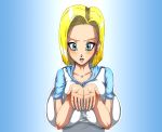 1girl android android_18 basara big_breasts blonde_hair blue_eyes breasts curvy dragon_ball dragon_ball_z earring earrings female hair highres huge_breasts jewelry large_breasts open_mouth plump short_hair solo