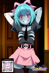 1girl 1girl 1girl ai-generated ai_generated aqua_hair arms_behind_head arms_up artist_name bandages bangs belt black_legwear black_shirt black_thighhighs blue_hair blush bow breasts choker clothing colored_skin door grin hair_bow hair_ornament indoors legwear littlehentai long_sleeves looking_at_viewer neck_tie patchwork_skin pink_bow pink_eyes pink_skirt red_eyes ribbon savitar savitar_(ai_generator) savitar_(artist) sharp_teeth shirt short_hair short_sleeves skindentation skirt skull small_breasts smile standing stitched_face stitches stockings striped teeth torn_clothes watermark zettai_ryouiki zombie