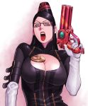  1girl bayonetta bayonetta_(character) black_hair breasts cleavage cleavage_cutout female glasses gun huge_breasts large_breasts mole open_mouth solo takasugi_kou takasugikou tongue tongue_out weapon 