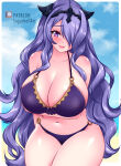 1girl alluring beach big_breasts bikini blush camilla_(fire_emblem) camilla_(tropical_beauty)_(fire_emblem) cleavage cloud collarbone fire_emblem fire_emblem_fates hair_over_one_eye headpiece horns leaning_forward long_hair looking_at_viewer navel nintendo o-ring o-ring_bikini ocean purple_bikini purple_eyes purple_hair sand sky smile standing sugarbell swimsuit thick_thighs thighs water