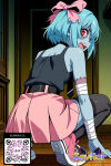 1girl 1girl 1girl ai-generated ai_generated aqua_hair arms_behind_head arms_up artist_name bandages bangs belt black_legwear black_shirt black_thighhighs blue_hair blush bow breasts choker clothing colored_skin door grin hair_bow hair_ornament indoors legwear littlehentai long_sleeves looking_at_viewer neck_tie patchwork_skin pink_bow pink_eyes pink_skirt red_eyes ribbon savitar savitar_(ai_generator) savitar_(artist) sharp_teeth shirt short_hair short_sleeves skindentation skirt skull small_breasts smile standing stitched_face stitches stockings striped teeth torn_clothes watermark zettai_ryouiki zombie