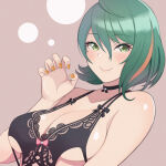 1girl 1girl 1girl alluring beauty_mark blush choker cleavage dead_or_alive dead_or_alive_6 dead_or_alive_xtreme_venus_vacation female_only green_eyes green_hair konishiki_(52siki) lace lace_trim lingerie nail_polish simple_background smile tamaki_(doa) tecmo wavy_hair