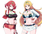 1girl 2_girls alluring belt beltskirt big_breasts blonde_hair choker core_crystal crop_top cropped_jacket earrings female_only fully_clothed hand_on_hip highleg_panties jacket long_hair looking_at_viewer midriff miniskirt mythra navel nintendo pyra race_queen red_eyes red_hair red_jacket red_skirt revealing_clothes short_hair skirt suzusiigasuki thigh_strap thongstraps tiara umbrella white_jacket white_skirt xenoblade_(series) xenoblade_chronicles_2 yellow_eyes