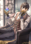 1boy armchair brown_hair chair earrings fuyuni0307 genshin_impact gradient gradient_hair hair_between_eyes indoors jewelry long_sleeves looking_at_object low_ponytail male_only male_solo multicolored_hair neck necktie one_eye_closed ponytail sitting tied_hair two-tone_hair two_tone_hair zhongli_(genshin_impact)