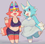 2girls 3_toes 4_fingers animal_crossing anthro audie_(animal_crossing) big_breasts blue_body blue_eyes blue_fur blush breasts canid canine canis clothed clothing countershading digital_media_(artwork) duo eyewear feet female fingers fur looking_at_viewer mammal multicolored_body multicolored_fur nintendo open_mouth orange_body orange_fur pawpads raised_leg shaded short_stack signature skye_(animal_crossing) standing sunglasses sususuigi thick_thighs tight_clothing toes two_tone_body two_tone_fur white_body white_fur wolf