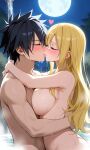 fairy_tail gray_fullbuster hot_springs kissing lucy_heartfilia moonlight night_sky pixai romantic