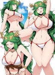 1boy 1girl 2021 assertive assertive_female bare_legs bikini blush boob_hat bracelet breasts_on_head brown_hair deity embarrassed female_focus front_view goddess green_eyes green_hair headgear heart hips imminent_sex jewelry kid_icarus kid_icarus_uprising larger_female long_green_hair long_hair looking_at_viewer male multiple_angles multiple_views naughty_face necklace nintendo palutena pit pit_(kid_icarus) short_hair simple_background size_difference slim_waist smaller_male smile stars submissive_male suggestive_look suzusiigasuki swimsuit thick_thighs thighs under_boob v white_background white_bikini wide_hips