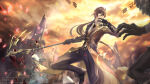 1boy black_gloves black_pants brown_hair brown_jacket fighting fuyuni0307 genshin_impact gloves gradient gradient_hair hair_between_eyes hilichurl_(genshin_impact) holding holding_spear holding_weapon jacket jewelry long_sleeves low_ponytail male_focus male_only monster multicolored_hair neck neck_tie outside ponytail ring spear tied_hair two-tone_hair two_tone_hair weapon zhongli_(genshin_impact)