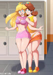 2girls alluring assentlov big_breasts blonde_female blonde_hair blue_eyes blush brown_hair cleavage crown fit_female frilly_panties gym_shorts locker_room long_hair mario_(series) multiple_girls nintendo panties princess_daisy princess_peach royalty shoes undressing