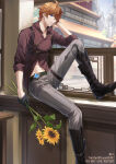 1boy ahoge black_boots black_footwear black_gloves blue_eyes boots building chinese_building closed_mouth day flower footwear fuyuni0307 genshin_impact gloves grey_pants hair_between_eyes holding holding_flower indoors knee_up looking_at_viewer male_only male_solo navel neck orange_hair pants short_hair sitting smile sunflower tartaglia_(genshin_impact)