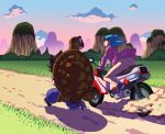 ass blue_eyes blue_hair bottomless bulma dragon_ball driving embarrassing highres motor_vehicle motorcycle no_panties oblivious outside sea_turtle son_goku turtle urigome