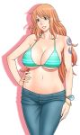 bikini_top bracelet breasts cleavage curvy female highres hips jewelry large_breasts lips log_pose long_hair midriff nami navel one_piece orange_hair sabaody_archipelago smile solo takasugi_kou tattoo underboob wide_hips