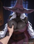 1boy 1girl ai_generated bare_shoulders black_skin cleavage covered_eyes dark_skin elden_ring elden_ring_nightreign grabbing_another's_breast guided_breast_grab guiding_hand huge_breasts indoors lips lucyla nipples one_breast_out patreon_username pov_hands purple_dress recluse_(elden_ring) recluse_(nightreign) sitting smile solo_focus straight white_hair witch_hat