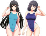 2_girls :d :o absurd_res alluring big_breasts black_hair blue_eyes blue_one-piece_bikini blush collarbone commentary_request competition_swimsuit contrapposto covered_navel cowboy_shot hand_up high_res highleg highleg_one-piece_bikini inanaki_shiki long_hair looking_at_viewer medium_breasts medium_hair multiple_girls one-piece_bikini open_mouth parted_lips red_ribbon ribbon silf silfs simple_background small_breasts smile standing swimsuit thigh_gap thighs tongue very_long_hair white_background yahari_ore_no_seishun_lovecome_wa_machigatteiru. yukinoshita_haruno yukinoshita_yukino