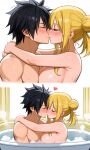 ai_generated bathtub black_hair blonde_hair blushing_at_partner breasts bun fairy_tail gray_fullbuster hair_tied_up kissing lucy_heartfilia pixai romantic_couple steam water wholesome