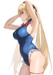 1girl 1girl absurd_res alluring arms_behind_head azur_lane big_breasts blonde_hair blue_eyes breasts covered_navel cowboy_shot dead_or_alive dead_or_alive_6 dead_or_alive_xtreme dead_or_alive_xtreme_venus_vacation frilled_one-piece_swimsuit frills from_side high_res highleg highleg_one-piece_swimsuit long_hair looking_at_viewer marie_rose marie_rose_(devilish_servant_against_the_splashing_waves) official_alternate_costume one-piece_bikini simple_background soranoki swimsuit tecmo thigh_strap very_long_hair white_background