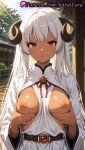 1girl 2025 ai_assisted ai_generated anime anime_style areola artist_name bangs belt between_breasts big_breasts breast_hold breasts breasts_out breasts_outside brooch bust chiyu_mahou_no_machigatta_tsukaikata closed_mouth clothes_between_breasts clothing curled_horns dark-skinned_female dark_skin day dress erect_nipples eyeshadow felm female_focus female_only female_solo gem hentai high_quality high_res high_resolution horns long_hair long_sleeves looking_at_viewer makeup medium_breasts natsuyoru neck_ribbon nipples nipples_outside no_bra oiled outside patreon red_eyes red_gemstone red_ribbon ribbon sheep_horns shirt solo_female stable_diffusion straight_hair sunlight the_wrong_way_to_use_healing_magic tree uncensored_nipples upper_body very_long_hair voluptuous voluptuous_female white_dress white_hair white_shirt wide_sleeves