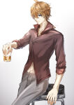 1boy ahoge alcohol blue_eyes closed_mouth drink earrings eyebrows_visible_through_hair eyes_visible_through_hair fuyuni0307 genshin_impact gradient gradient_background grey_pants hair_between_eyes holding holding_drink jewelry looking_at_viewer male_only male_solo naughty_face neck orange_hair pants short_hair sitting smile standing tartaglia_(genshin_impact) whiskey white_background