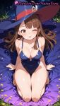 1girl 1girl 1girls 2025 ai ai_assisted ai_generated anime anime_style asian asymmetrical_bangs atsuko_kagari bangs bare_arms bare_legs bare_shoulders barefoot bed_sheet big_breasts big_breasts blue_headwear blue_one-piece_swimsuit blue_swimsuit blush breasts brown_eyes brown_hair bust casual_one-piece_swimsuit cleavage closed_mouth collarbone covered_navel female_focus female_only female_solo foot_fetish from_above full_body grass groin hat hentai high_quality high_res high_res high_resolution highleg highleg_swimsuit kneel legs leotard little_witch_academia long_hair looking_at_viewer makeup medium_breasts natsuyoru night one-piece_swimsuit one_eye_closed outside patreon seiza sitting sling_bikini smile solo_female stable_diffusion star_(sky) swimsuit thigh_gap thighs toes tongue tongue_out voluptuous voluptuous_female witch witch_hat