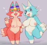 2021 2girls animal_crossing anthro audie_(animal_crossing) big_breasts blue_body blue_fur breasts canid canine canis censor_bar censored countershading digital_media_(artwork) duo eyewear eyewear_on_head female front_view fur genitals gesture heart_symbol ineffective_censorship kemono looking_at_viewer mammal nintendo nipples on_one_leg open_mouth open_smile pussy red_body red_fur shaded short_stack skye_(animal_crossing) smile standing sunglasses sunglasses_on_head sususuigi take_your_pick waving wolf