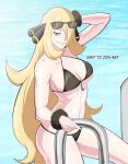 1girl 1girl 1girl alluring bikini blonde_hair cynthia cynthia_(pokemon) dialogue female_only hair_over_one_eye ladder long_hair looking_at_viewer octavius_dp pokemon pool sunglasses sunglasses_on_head swimming_pool swimsuit talking_to_viewer text thick_thighs wide_hips