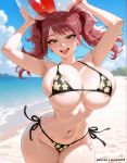 1girl ai_generated atlus beach bikini breasts brown_hair hips huge_breasts kujikawa_rise light-skinned_female light_skin long_hair lucyla outside persona persona_4 thick_thighs thighs twin_tails wide_hips