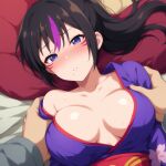 1boy 1girl alluring before_sex big_breasts black_and_purple_hair cathouse_(artist) cleavage kazama_jin kimono kitsune_marks kunimitsu_ii kunoichi namco tekken