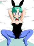 animal_ears blue_eyes blush breasts bulma bunny_ears bunny_girl cleavage dragon_ball green_hair looking_at_viewer old_school_academy smile solo spread_legs