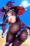 1girl aqua_eyes ass bare_shoulders big_ass black_hair cameltoe earrings female_only female_solo genshin_impact happyboynumber1 happyboynumber1_(artist) hat jewelry long_hair looking_at_viewer looking_back mona_(genshin_impact) pantyhose thighlet tied_hair twin_tails witch witch_hat