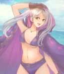 1girl 1girl :d alluring alternate_costume arm_up bikini blue_sky brown_eyes brown_gloves day fire_emblem fire_emblem_awakening gloves high_res jewelry long_hair medium_breasts navel necklace nintendo ocean open_mouth outside purple_bikini robean_(birbtactician) robin_(fire_emblem) robin_(fire_emblem)_(female) sky smile sparkle standing swimsuit twin_tails under_boob white_hair