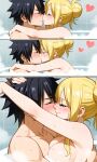 ai_generated bathtub black_hair blonde_hair blushing_at_partner breasts bun fairy_tail gray_fullbuster hair_tied_up kissing lucy_heartfilia pixai romantic_couple steam water wholesome