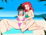 1girl 2_girls 2d anoneysnufftan applying_sunscreen ariel_(the_little_mermaid) barefoot beach beach_towel bikini black_hair blue_eyes blurry_background chichi chichi_(beginning_of_z) crossover disney disney_princess dragon_ball eastern_and_western_character embarrassed female_only full_color humiliation imminent_death killer_lotion long_hair massage murder nail_polish peril punishment red_hair rubbing sand seaside sinfulline sky snuff summer sunbathing swimsuit the_little_mermaid towel