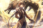 1boy black_dragon black_gloves brown_hair brown_jacket chinese_dragon closed_mouth dragon earrings fuyuni0307 genshin_impact gloves gradient gradient_hair hair_between_eyes holding holding_spear holding_weapon jacket jewelry long_sleeves low_ponytail male_only multicolored_hair neck ponytail rex_lapis_(genshin_impact) ring smile spear standing tied_hair two-tone_hair two_tone_hair weapon zhongli_(genshin_impact)