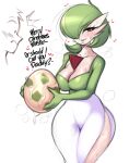 1boy 1girl big_breasts breasts clothing dialogue egg english_text female_pokemon gardevoir green_hair hips human human_male interspecies interspecies_pregnancy male nintendo pokémon_(species) pokemon pokemon_(species) pokemon_egg pokephilia saltyxodium short_hair thick_thighs thighs white_body wide_eyed wide_hips