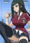 1girl black_hair black_legwear blazer breasts carly_carmine carly_nagisa cosplay female_only huge_breasts legs long_hair miniskirt panties pantyshot pantyshot_(sitting) pleated_skirt school_uniform sitting skirt solo_female stockings straw_(yokubou_hiroba) striped striped_panties thighs underwear upskirt yu-gi-oh! yu-gi-oh!_5d's zettai_ryouiki