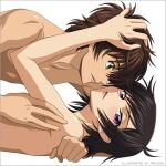 2boys black_hair blush brown_hair code_geass couple duo green_eyes half-closed_eyes hugging kururugi_suzaku lelouch_lamperouge looking_at_another looking_at_viewer love lying lying_on_back male/male male_on_top male_only multiple_boys neck nude nude_male on_back open_mouth purple_eyes short_hair simple_background smile suzaku_kururugi white_background yaoi