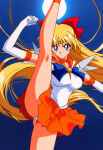 1girl alluring bishoujo_senshi_sailor_moon blonde_hair blue_eyes cute insanely_hot kick kicking leg_lift minako_aino panties pantyshot sailor_venus skirt upskirt wolf_(artist)